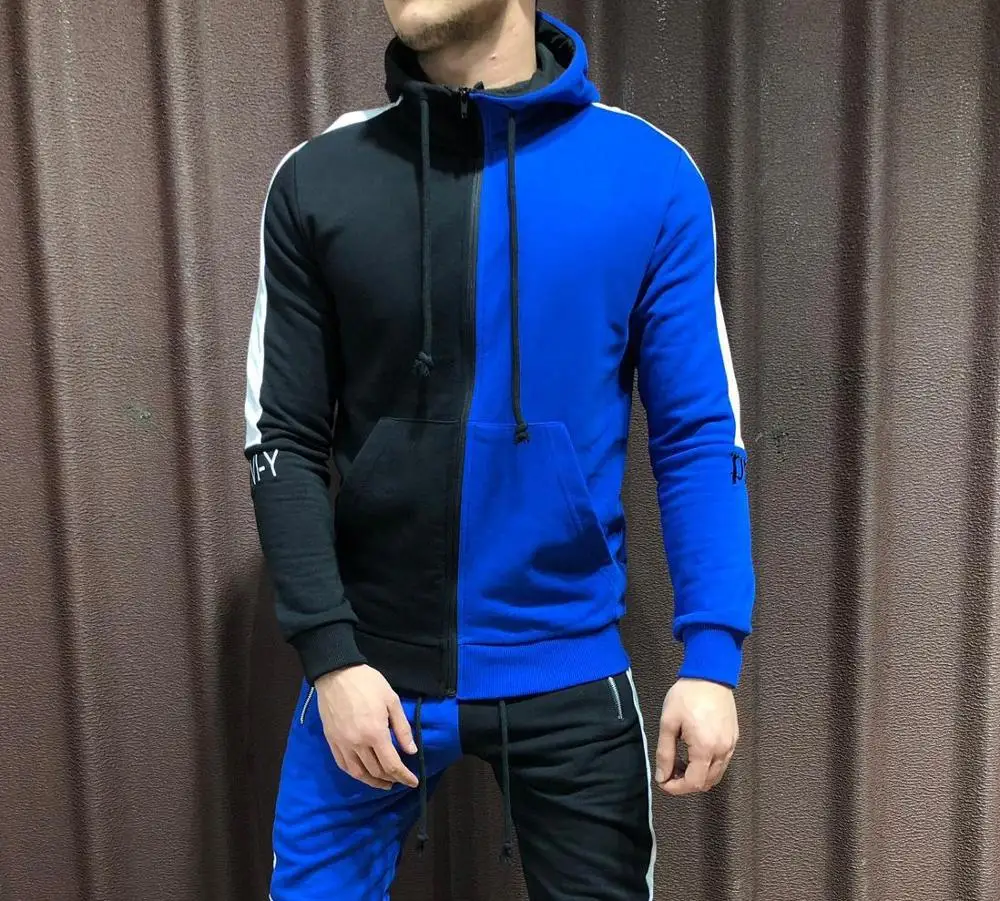 blue top Высококачественные мужские комплекты модная Осенняя Лоскутная куртка спортивный костюм толстовки+ спортивные штаны комплекты из 2 предметов облегающая спортивная одежда - Цвет: blue top