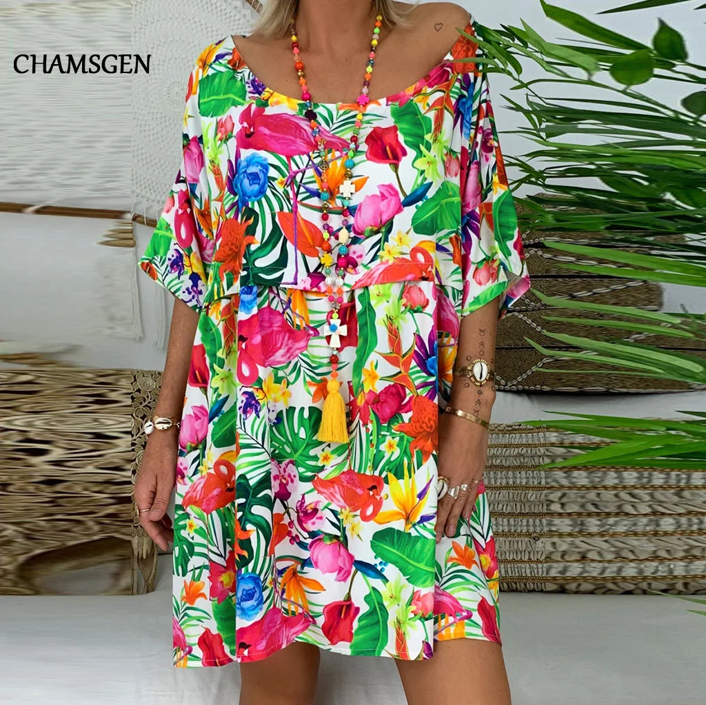 CHAMSGEND женское платье с цветочным принтом коротким рукавом Мини-Платья 5XL в стиле