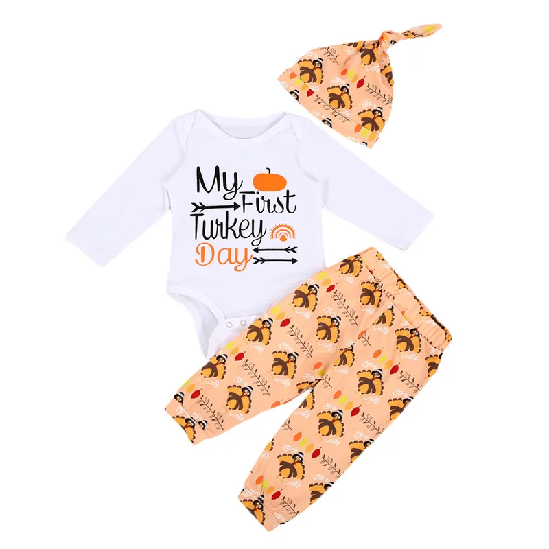 

Infant Toddler Girl Clothes Long Sleeve Round Neck Letter Romper Turkey Print Trousers Hat 3 Pcs Outfits Newborn Set