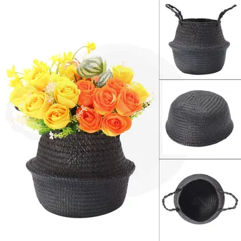 

Rattan Straw Basket Black Seagrass Belly Basket Laundry Storage Holder Multi Funtional Baskets Home Decoration