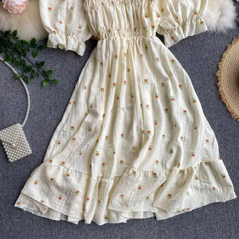 SINGRAIN Women Ruched Ruffle Dress Korean Puff Sleeve Slash Neck A Line Dress Summer Vacation Casual Print Floral Dress 2020