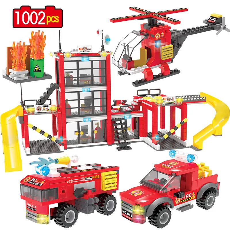 1002 шт. городская пожарная команда строительные блоки Пожарная станция грузовик машинки фигурки кирпичи полицейские игрушки для детей