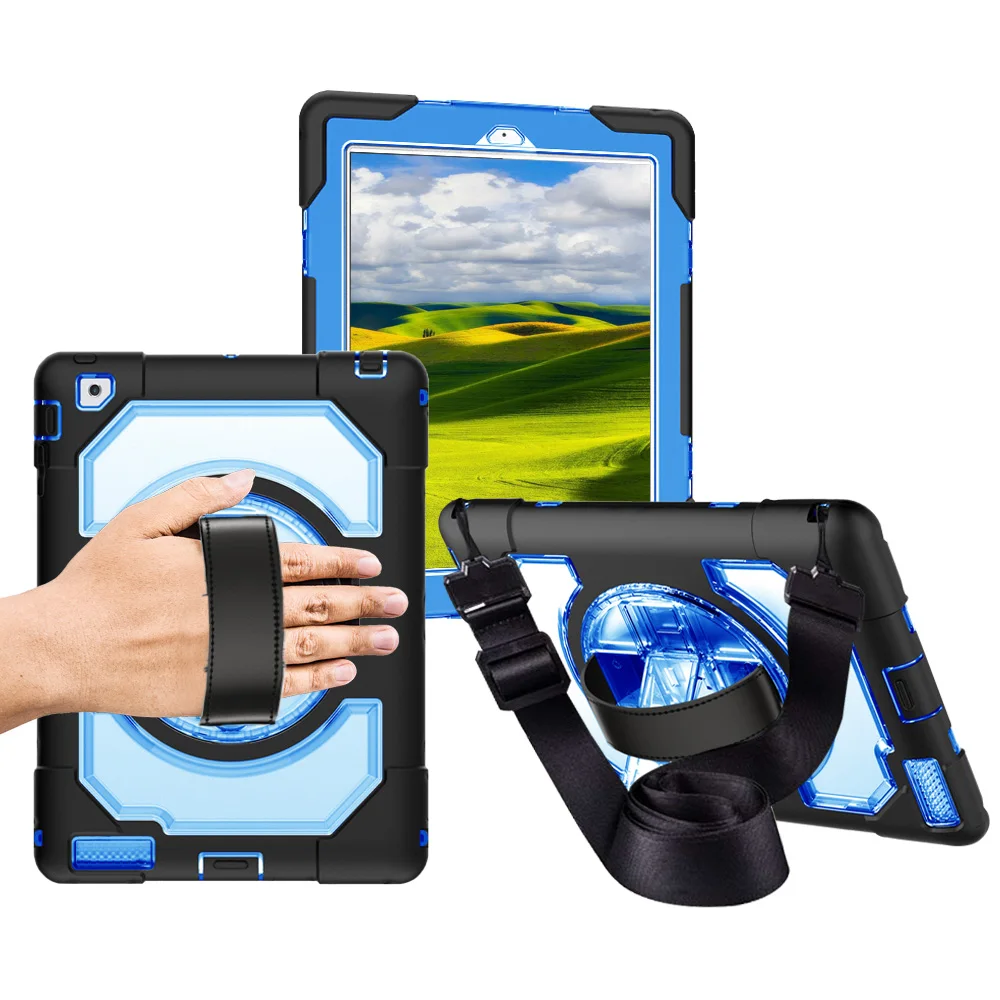 Для iPad 2/3/4 бронированный противоударный чехол для планшета мягкий силиконовый+ Жесткий ПК сверхпрочный защитный чехол-раковина с плечевым ремнем FHL01 - Цвет: Синий
