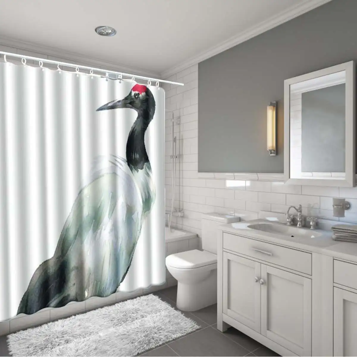 Shower Curtain Crane Animal decoration waterproof non-slip polyester bathroom curtain toilet seat cushion carpet three-piece and shower curtain - Цвет: Shower Curtain Crane
