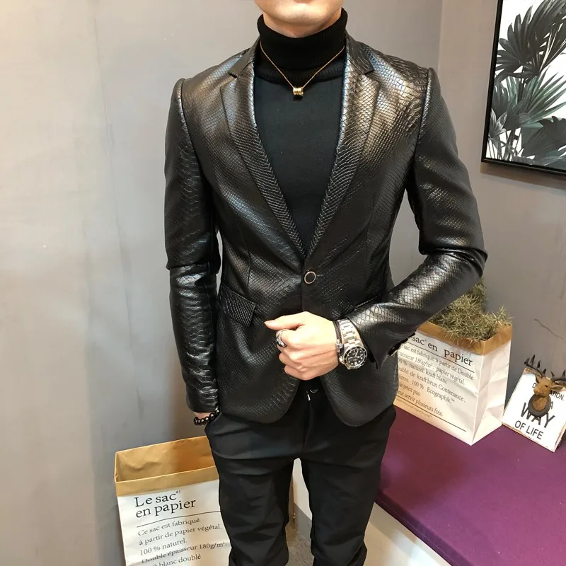 Winter Fleece Pu Leather Jacket Men Autumn Slim Fit Snake Pattern Elegant Business Work Blazer Mens Smart Casual Suit Jackets