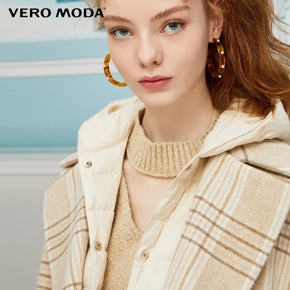Vero Moda женский Двухсекционный клетчатый пуховый жилет с капюшоном шерстяное пальто | 319409509