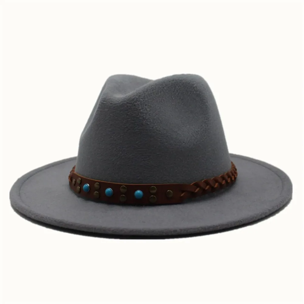 Light Gray Men Women Authentic Fedora Hat With Belt Panama Hat Wool Trilby Hat Casual Wild Hat Size 56-58CM - Color: Light Gray