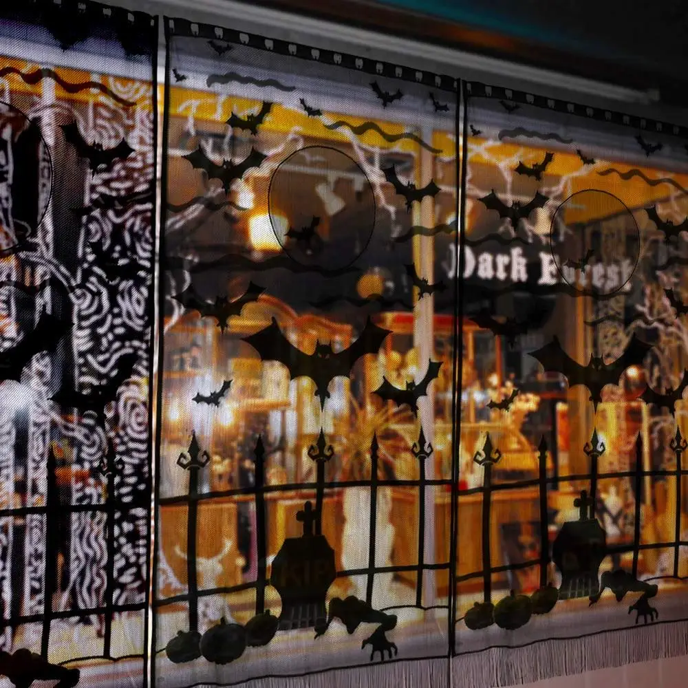 Ourwarm Halloween Party Black Lace Spiderweb Cobweb Bat Tomb Window Curtain Hanging Horror Props Halloween Party Decoration