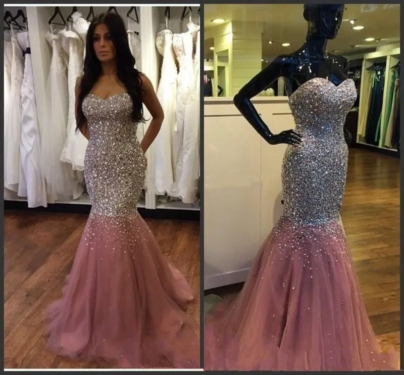 long prom dresses Luxury Mermaid Evening Dresses Sweetheart Crystal Sequins Beaded Tulle Plus Size Skin Pink Prom Dresses evening Pageant Gown plus size prom dresses