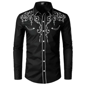 

Fashion Printed Denim Shirt Men's Brand Design Embroidery Slim Casual Long-sleeved Shirt Men's Wedding Party Social Shirt Men