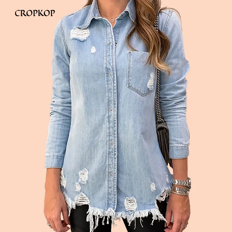 Most effective Women Denim Jacket Casual Long Sleeve Jeans Coat Mujer Turn-down Collar Hole Single-breaste Slim Po