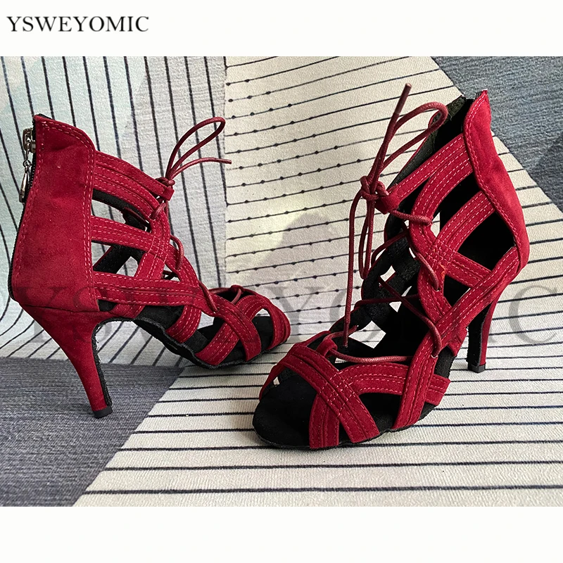 Ladies Latin Dance Shoes Red Flannel 8.5cm Spike Heel Salsa Shoes For Women Latin Dance Shoe Super Soft Fashion Style