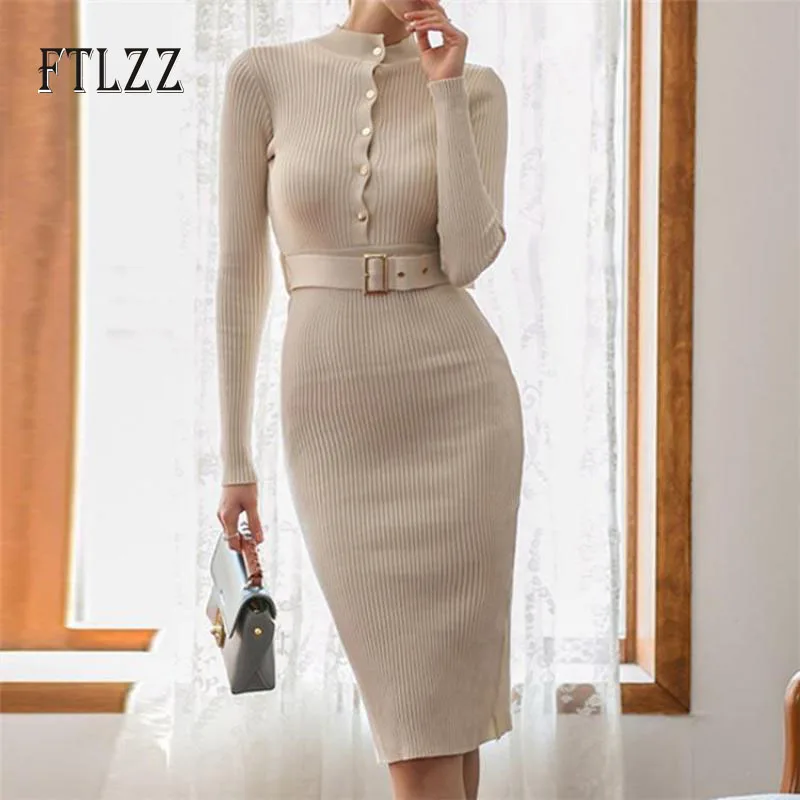 Модные женские повседневные вязаные платья 2019 Осень Зима Новое однобортное