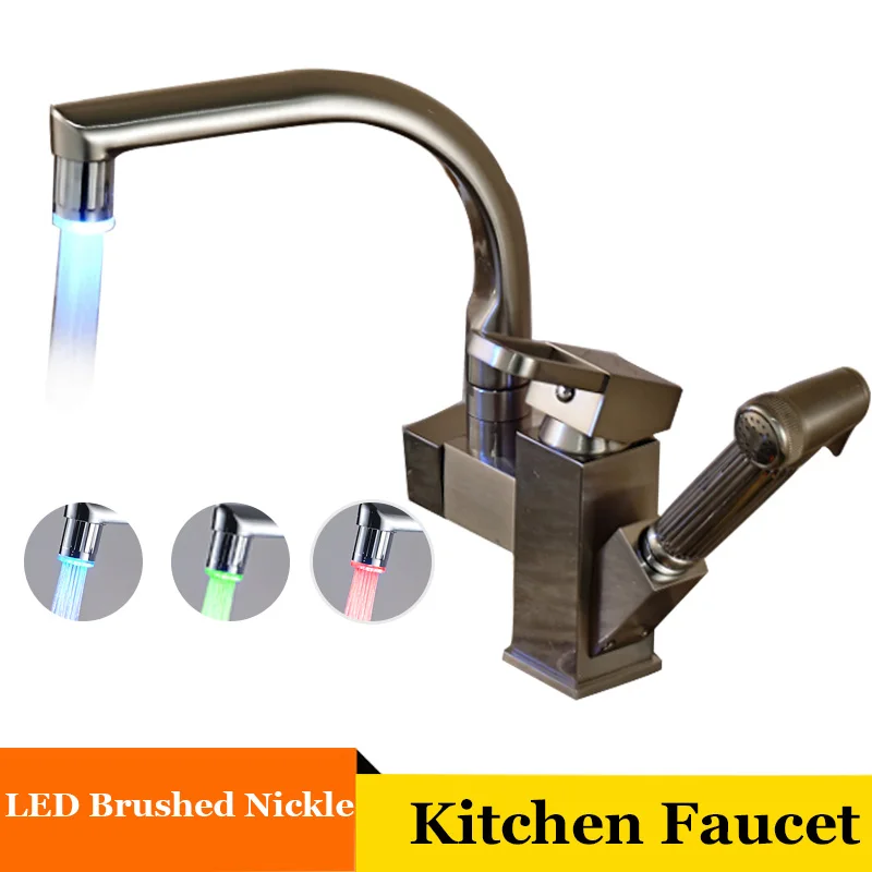 Ulgksd Кухонные смесители выдвижной душевой распылитель с креплением для раковины сосуд для кухонной раковины кран с двойным носиком для кухонных смесителей - Цвет: LED Brushed Nickle