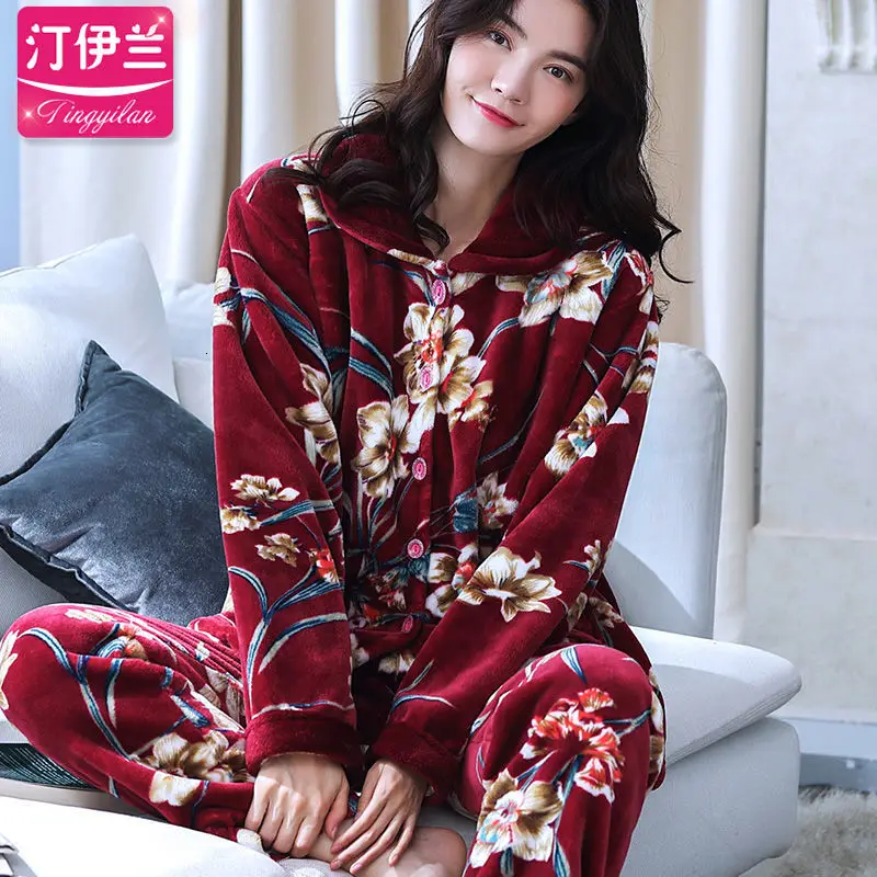 sleepwear women Пижамы женские фланелевые пижамы женские зимние теплые женские пижамы зимняя Пижама Femme домашний костюм женские длинные пижамы XXXL L - Цвет: sleepwear women