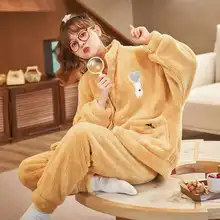 

Flannel Winter Pajamas Set Women 2 Pieces/Sets Coral Fleece Thick Warm Long-Sleeved Trousers Pyjamas Casual Homewear Night