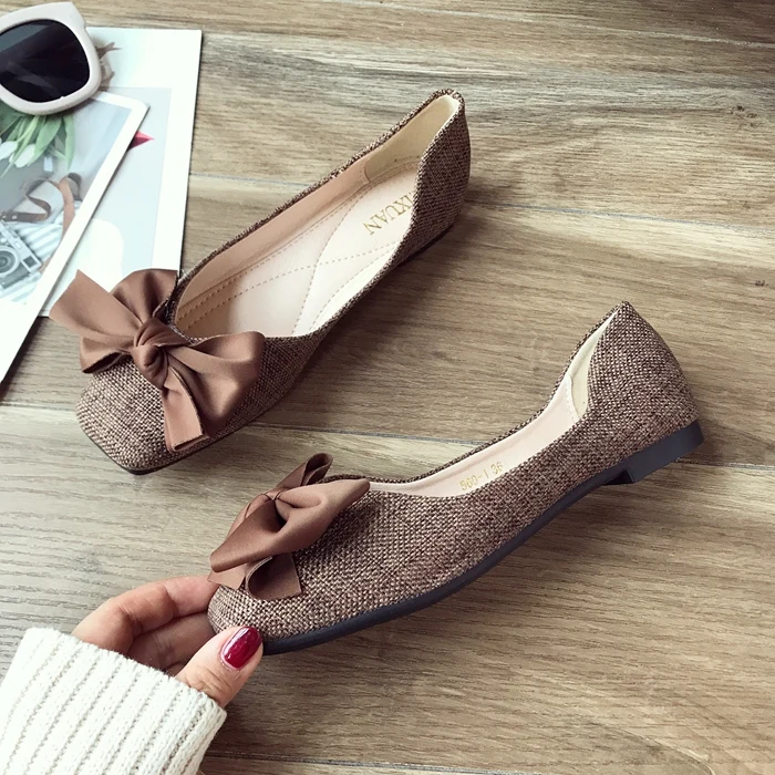 Cloth shallow mouth square head shoes spring and summer new bow flat with flat shoes