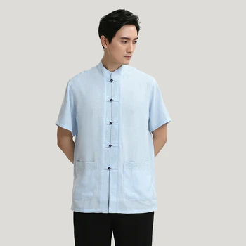 

New Summer Chinese Style Embroider Blouse Men's Short Sleeve Solid Cotton Linen Kung Fu Shirt Top Casual Clothing M L XL XXL 3XL