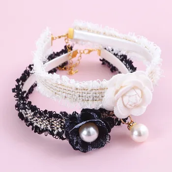 Pet Collar Dog Pearl Necklace Black and White Lace 1