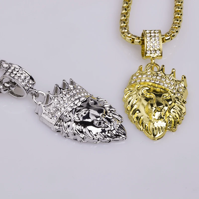 

1pc Necklaces Pendants Mens Full Iced Rhinestone An Crown Lion Tag Hip Hop Cuban Chain Hip Hop Necklace Gold Jewelry for Male