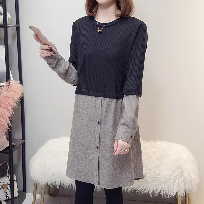 

Plus Size Knitted Patchwork Long Shirts Women 2020 Autumn Trendy Loose Long Sleeve Ladies Blouses Oversized Female Chic Tops