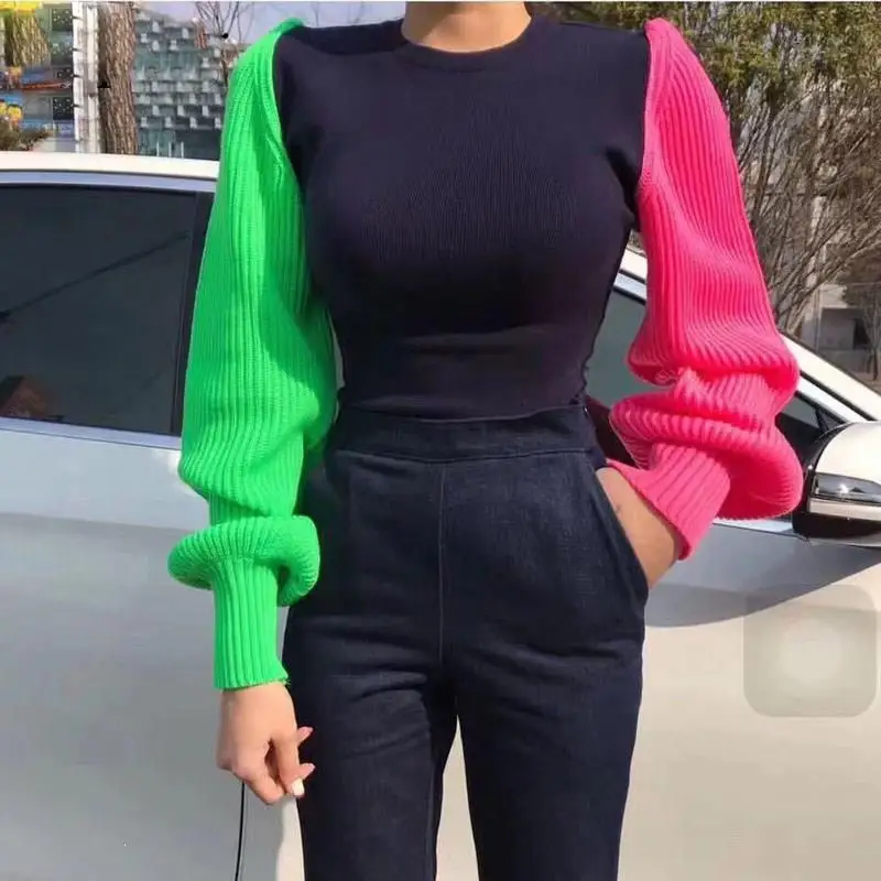 

Women Sweaters Puff Sleeve Color Matching Sweaters Women Vintage Knitting Top Autumn 2019 New Fashion Sweaters
