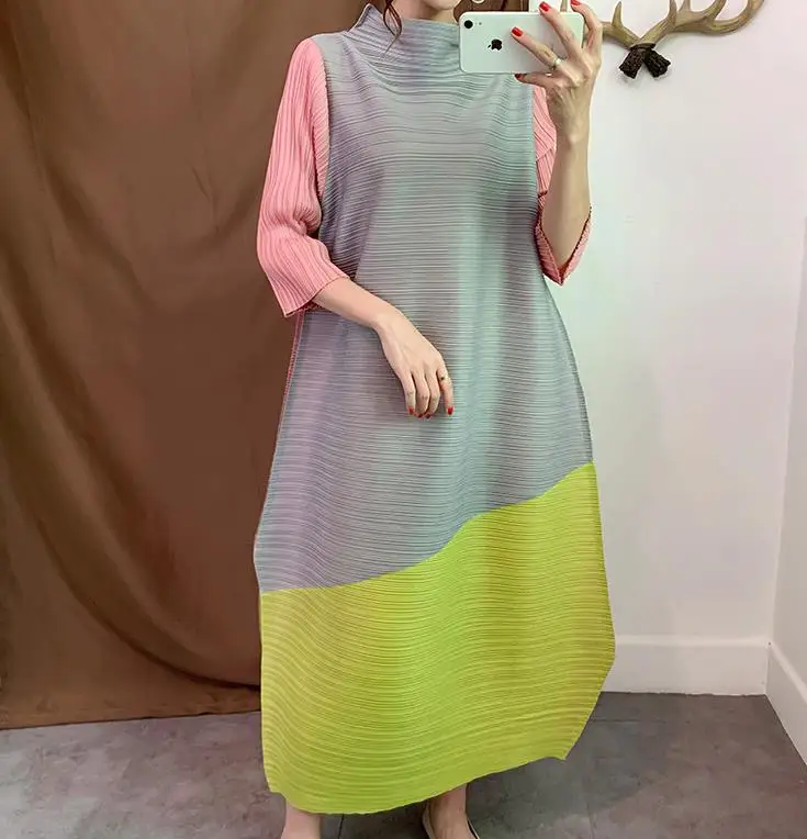 Miyake плиссированное платье длинная секция Осень Новая мода плиссированные женские сказочные плиссированные цветные подходящие платья