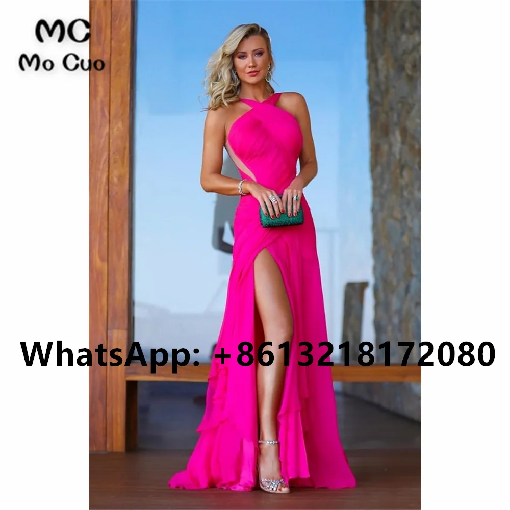 

2021 Halter Fuchsia Evening Dresses Mermaid Prom Gown Criss Cross Front Slit Chiffon Evening Party Dress for Women's