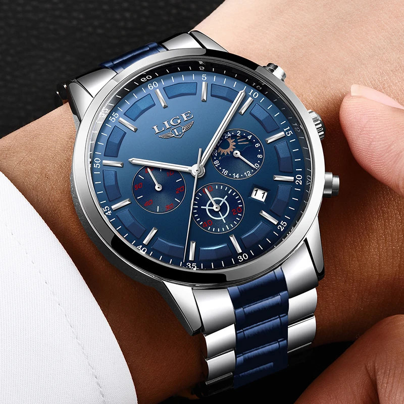 Relogio Masculino LIGE новые модные мужские часы Топ бренд класса люкс водонепроницаемые часы Серебро Сталь Большой циферблат Спортивный Хронограф