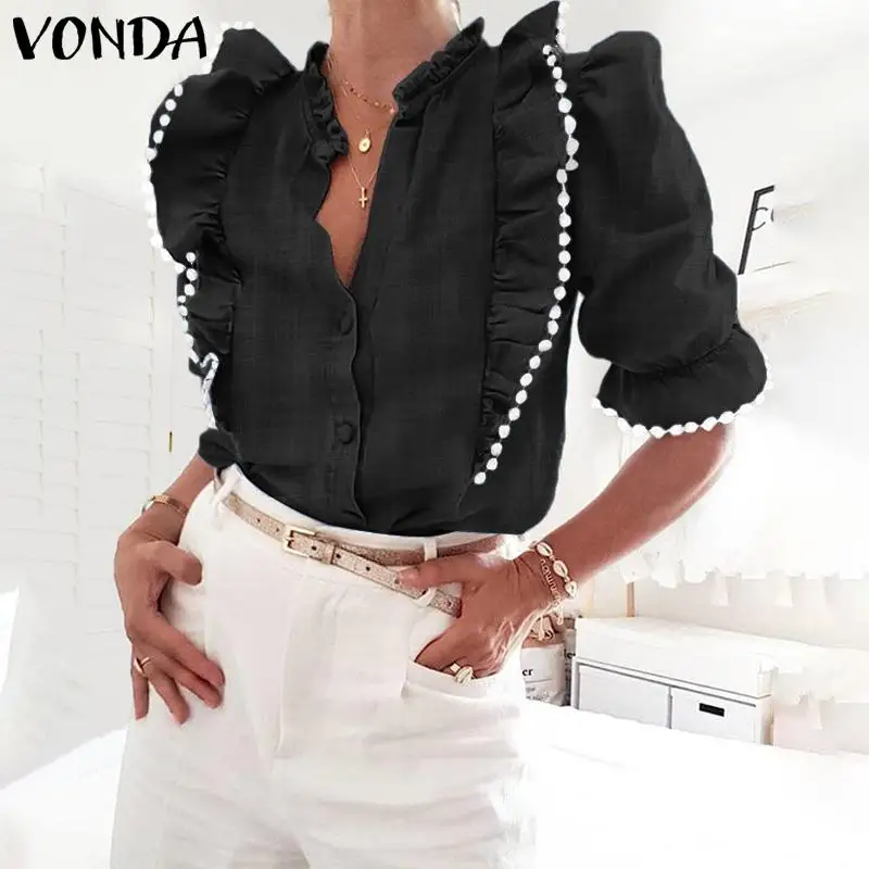 

Tunic Women Tops VONDA 2020 Summer Holiday Tops Female Vintage V Neck Half Sleeve Ruffled Shirt Lady Office Blouse Blusa S-5XL