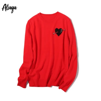 

Aliaga Cashmere Jumper Women 100% Cashmere Sweater Heart Shape Red Pullovers Autumn Fashion Long Sleeve Beading Sweater Tops