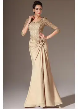 

Champagne Mermaid Long Mother of the Bride Dresses 2020 Lace Chiffon V-Neck 3/4 Sleeves Evening Formal Gowns Wedding Mother Gown