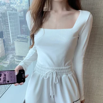 

PX2112 2020 new square neck short long sleeve bottoming T-shirt women