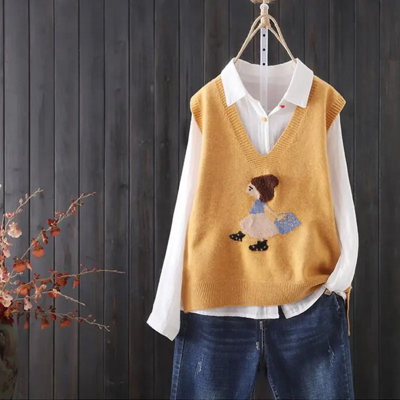 Loose V-neck Knitted Sweater Vest Female Cartoon Pattern Embroidery Sweet Wind Sleeveless Pullover Women Spring | Женская одежда