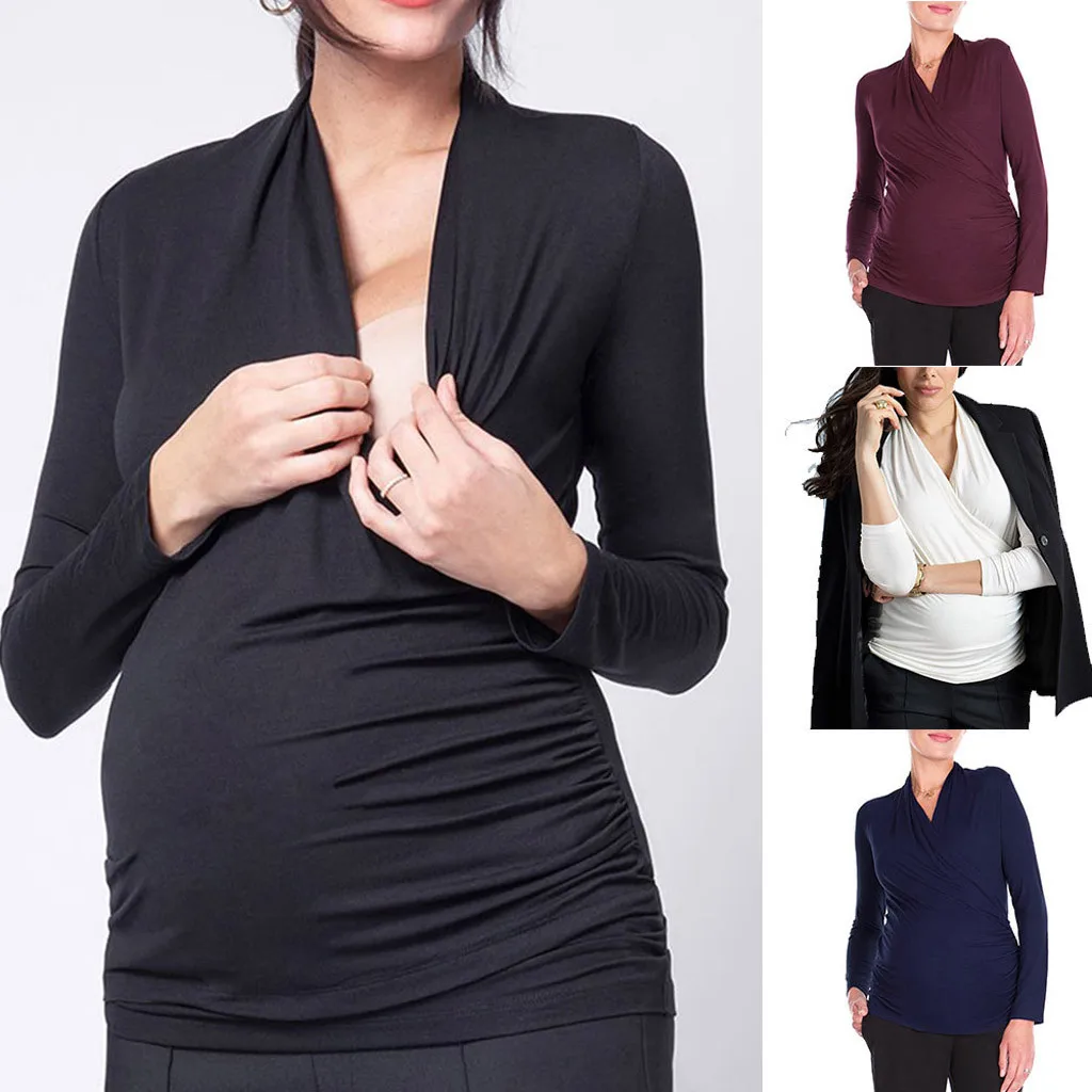 Женская одежда для беременных, футболка для кормящих, с v-образным вырезом, с оборками, однотонная блузка, топ для кормления грудью, футболка, осенняя одежда для кормления грудью