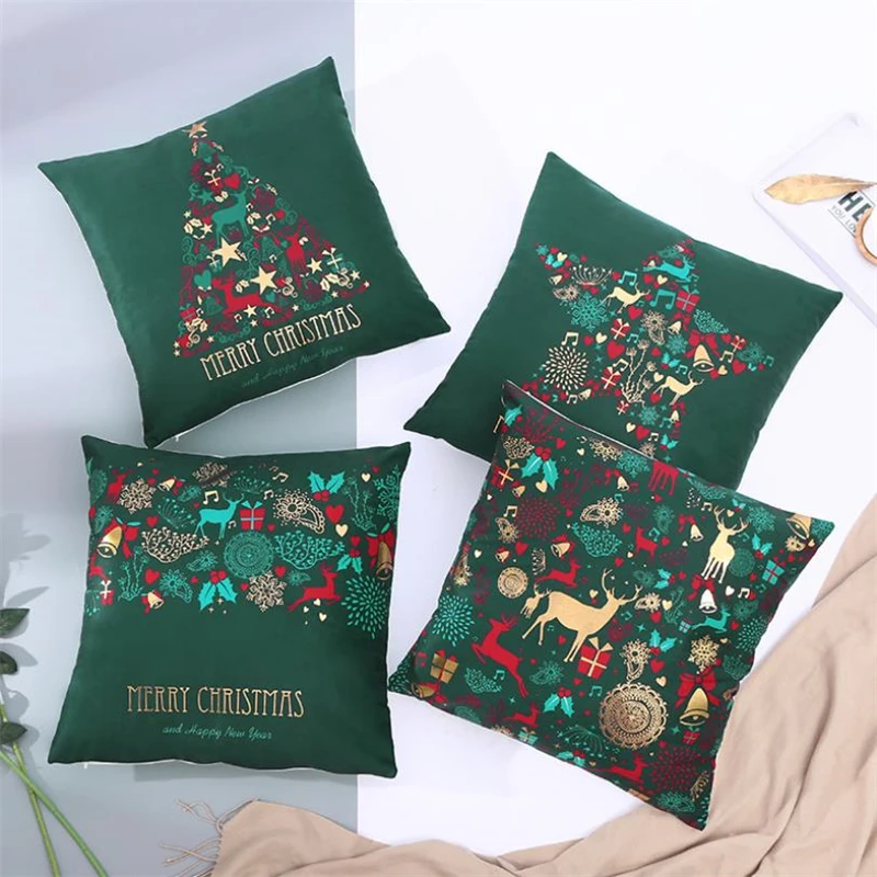 

Ins Nordic Style Newest Christmas Bronzing Super Soft Pillowcase Cushion Cover 2020 NEW Year Dark Green Printed Xmas Pillowcase