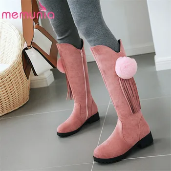 

MEMUNIA 2020 new arrival knee high boots women flock tassel autumn winter boots comfortable low heels casual shoes woman