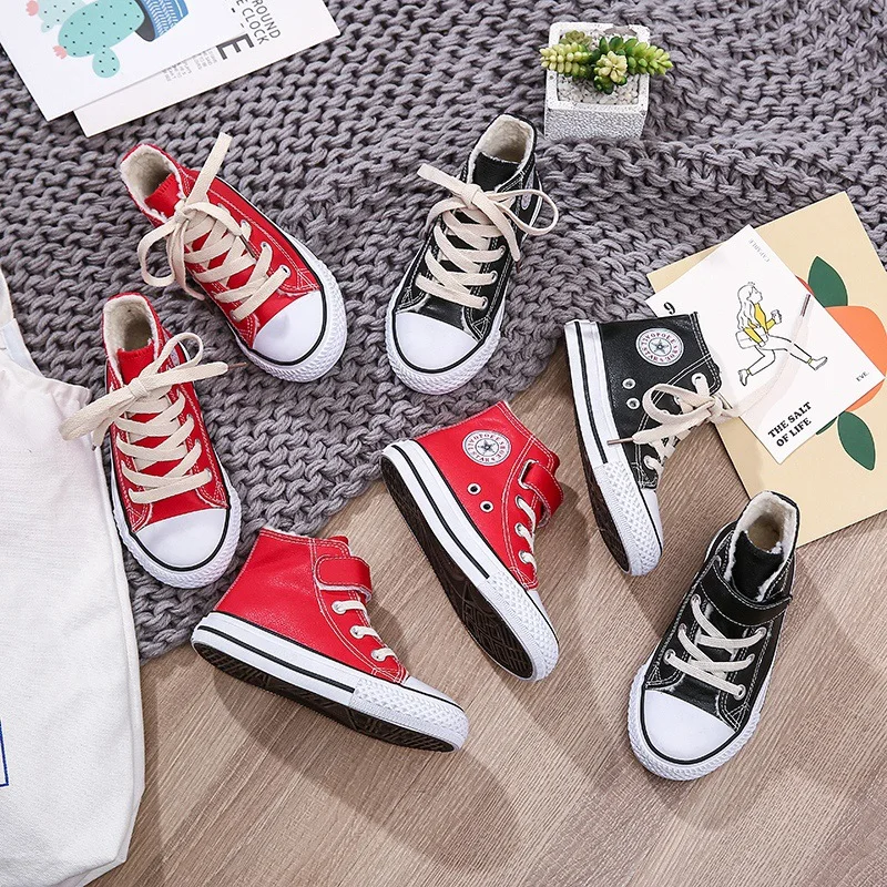 

Unisex 2019 Children Casual Shoes PU Leather Boys Girls Fur Shoes Winter High Top Little Student Sneaker Kids Ankle Boots C10131