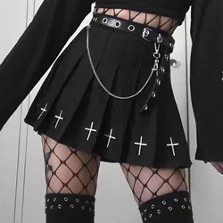 Moda feminina gótico sexy de cintura alta mini saia com estampa cruzada babados forro senhoras clube festa saia 2021 roupas punk
