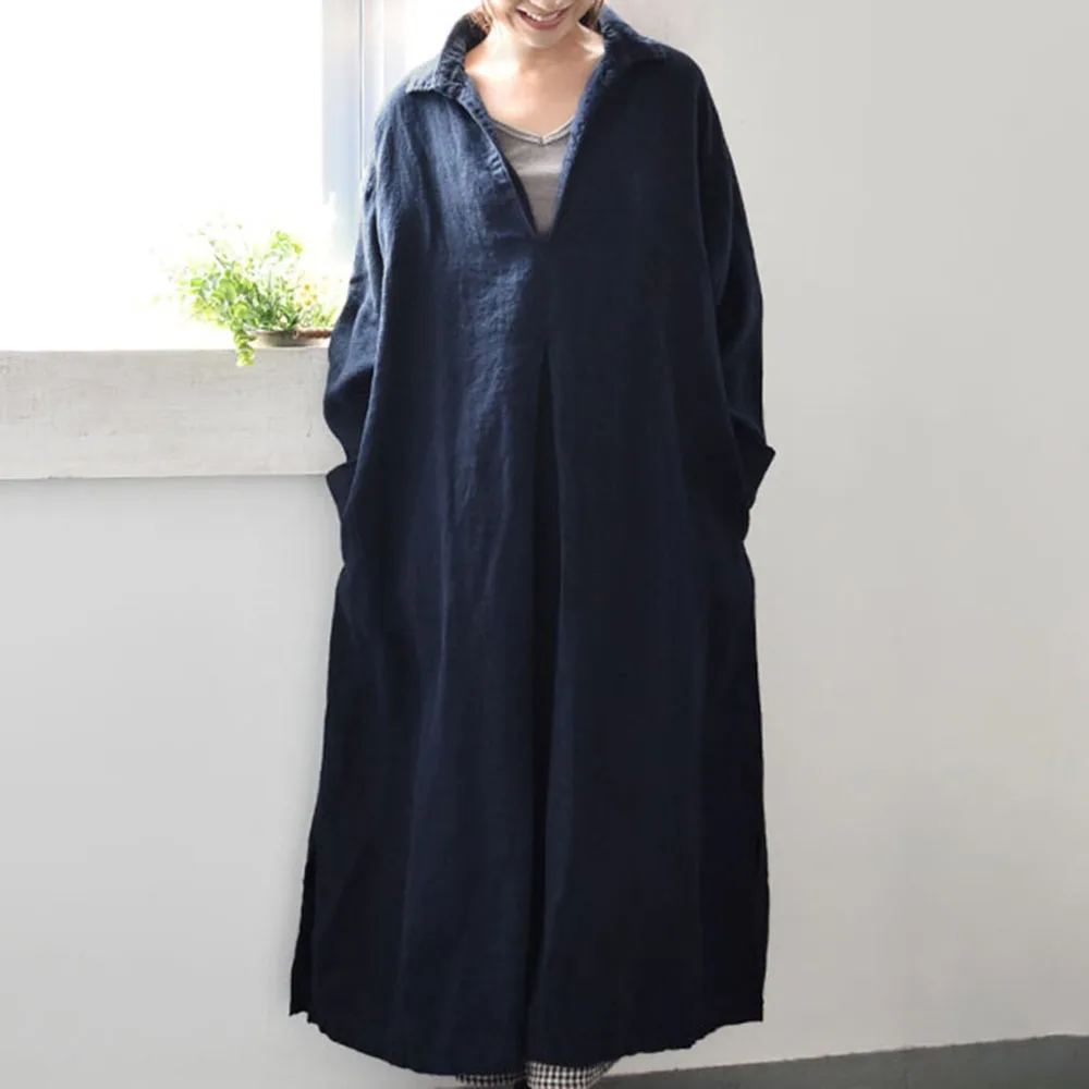 

Korean Linen Dress Women Autumn Long Sleeve Loose Mid-Calf Plain Long Dresses Causal Blue Plus Size Robe
