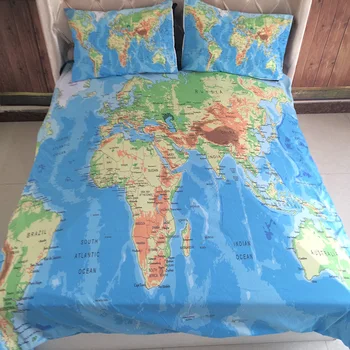 

3D map printed bedding sets blue background world map printing modern fashion soft bedding sets 2/3 pcs
