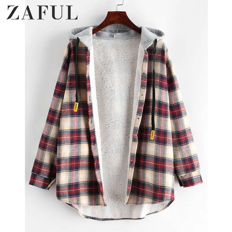 ZAFUL клетчатое пальто с капюшоном на пуговицах завязками куртки для женщин