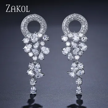 

ZAKOL Blue Round & Marquise Cut Cubic Zirconia Long Dangle Drop Earring for Women Fashion Leaf Bridal Wedding Jewelry FSEP154