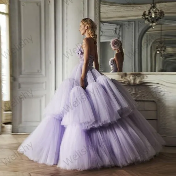 Elegant Lavender Tiered Ruffle Tulle Dresses Women 2020 Long Floor Length Prom Gowns A-Line Strapless Tulle Dress Custom Made