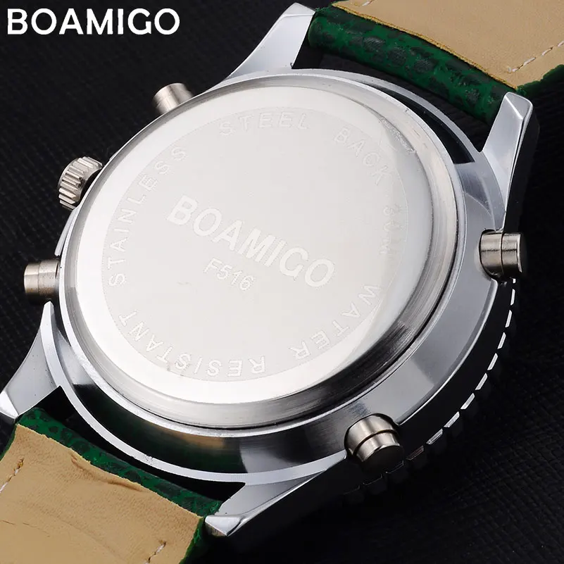 BOAMIGO2020 New Men Watch Dual Time Zone Military Digital Analog Quartz Chronograph Sports Watch Waterproof Leather LED Watch