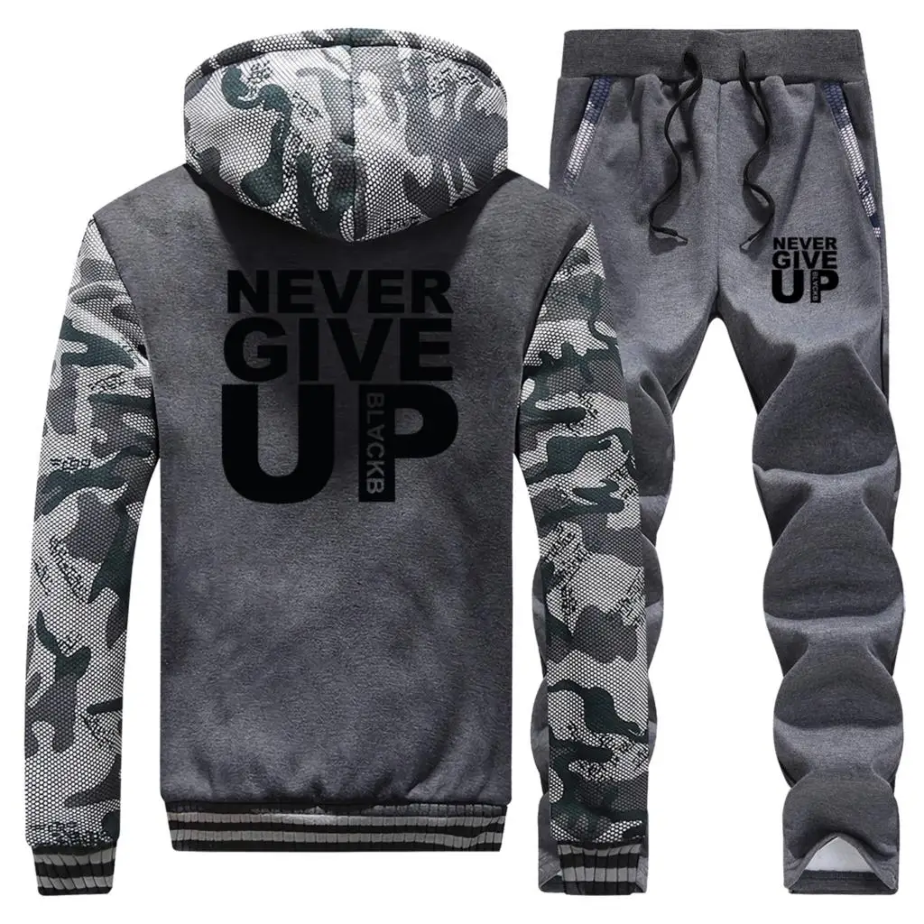 Мужские толстовки с капюшоном с надписью Never Give Up, куртка+ штаны, комплекты из 2 предметов, Мужская толстовка, теплый костюм, камуфляжный спортивный костюм, комплект, Мужское пальто