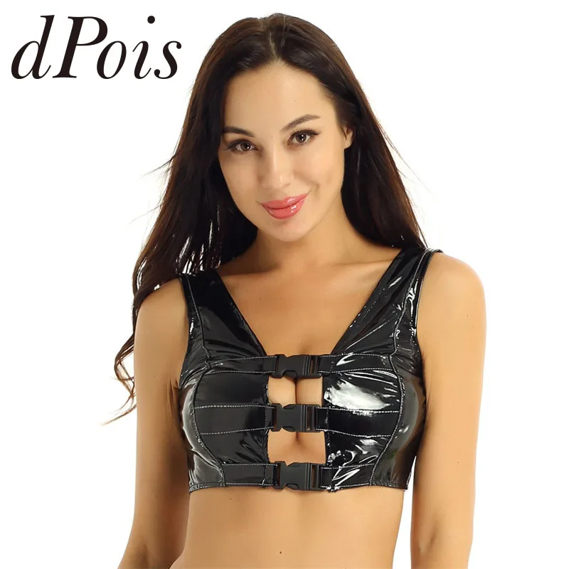 Женские Модные Топы в стиле панк из искусственной кожи для танцев на Пилоне, без рукавов, с пряжкой спереди, без спинки, экзотический топ на бретелях, укороченный топ, вечерние, клубная одежда