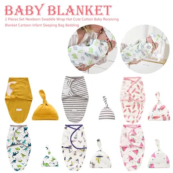 

2 Pieces Set Newborn Swaddle Wrap +Hat Cotton Baby Receiving Blanket Bedding Cartoon Cute Infant Sleeping Bag For 0-6 Months