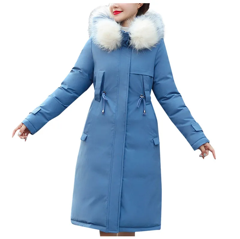Blue Женская куртка, женская верхняя одежда, пальто с капюшоном из искусственного меха на пуговицах, длинные однотонные куртки, пальто с карманами, зимнее пальто, женская парка - Цвет: Blue
