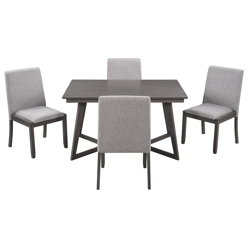 5-Piece Dining Set, Wood Rectangular Table With 4 Linen Fabric Chairs, Gray